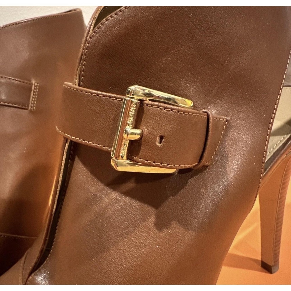 MICHAEL Michael Kors Brown Leather Peep-Toe Ankle Booties with Gold Buckle - Picture 3 of 9